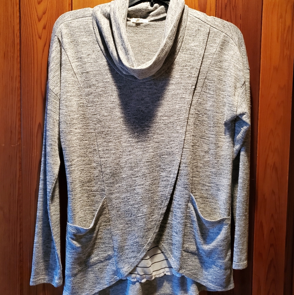 Maurices grey knit cowlneck long sleeve faux wrap tunic with layer & pockets